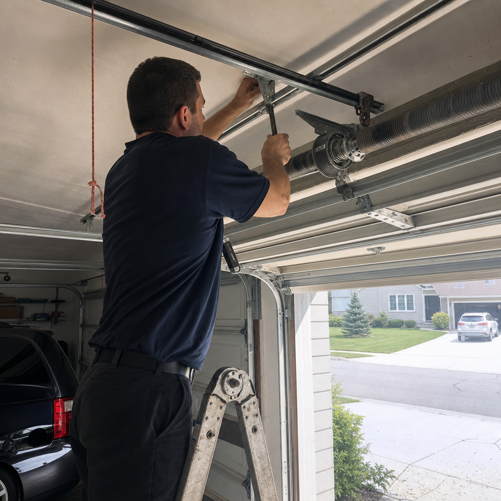 Technician performing emergency garage door spring repair in Centerville, OH