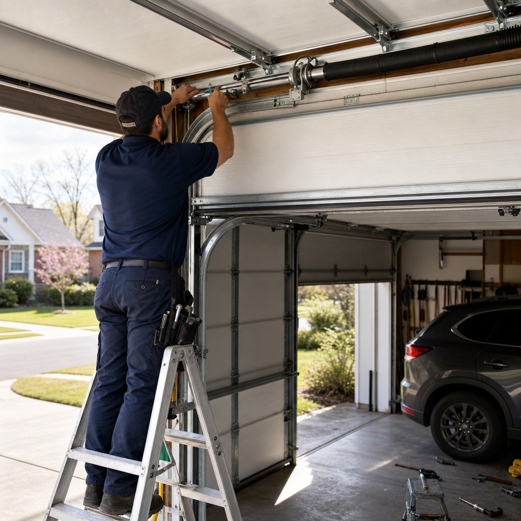 Technician performing professional emergency garage door repair services in Centerville, OH