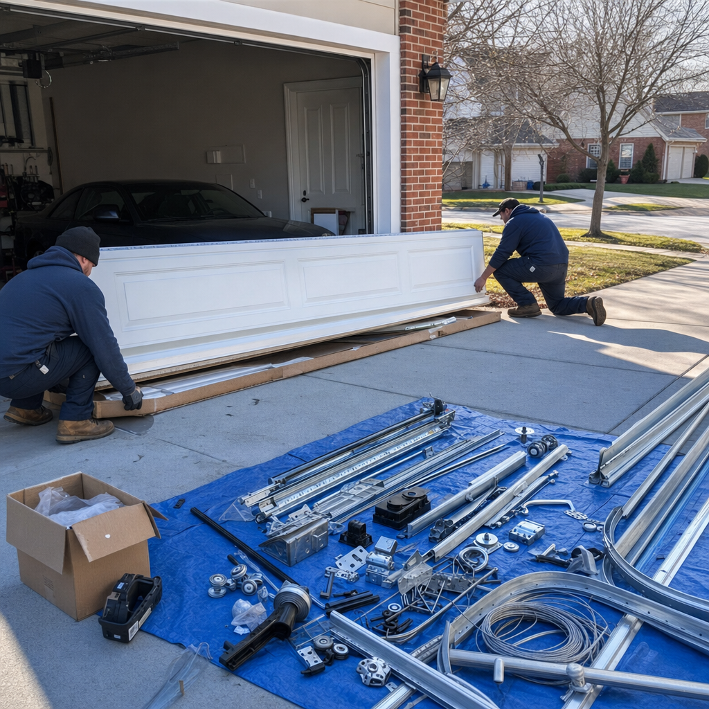 Two technicians preparing a new garage door for professional installation. in Centerville, OH
