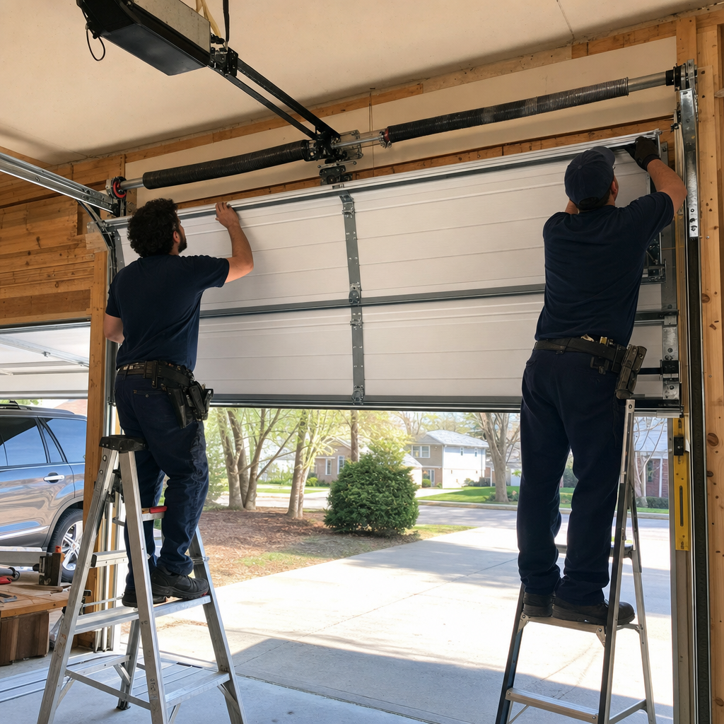 Two technicians performing professional garage door installation on a residential home