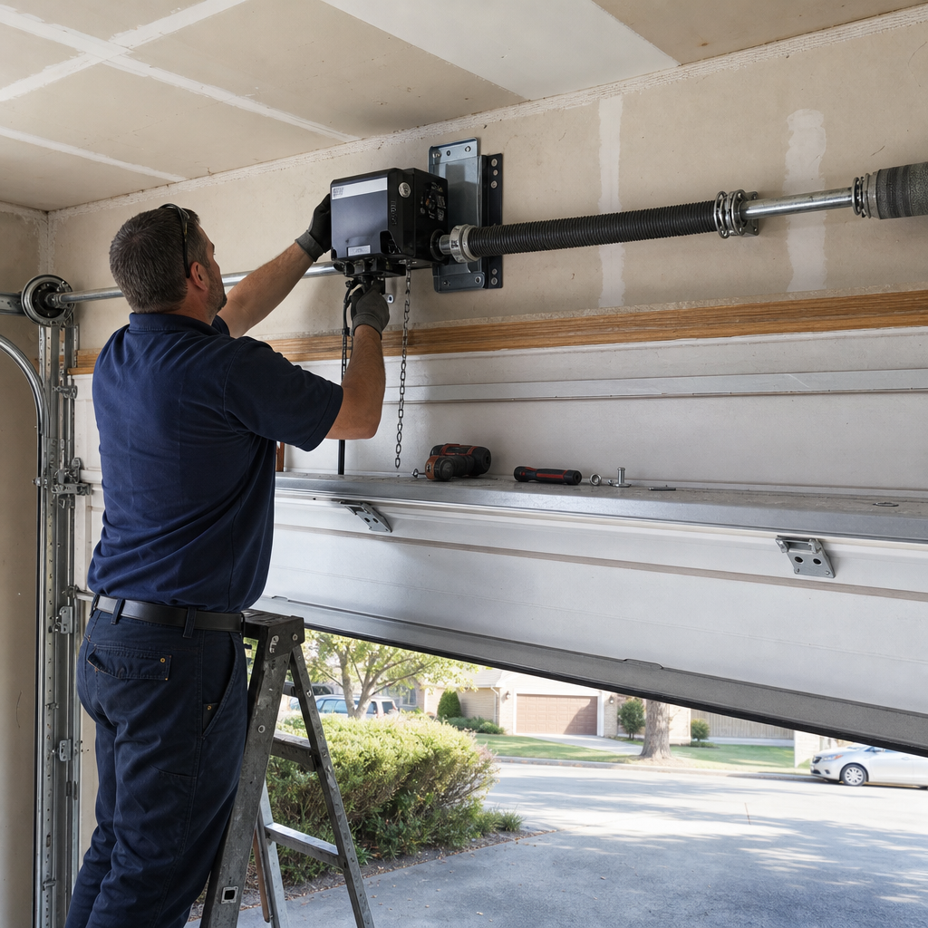 Technician installing a wall-mount garage door opener system