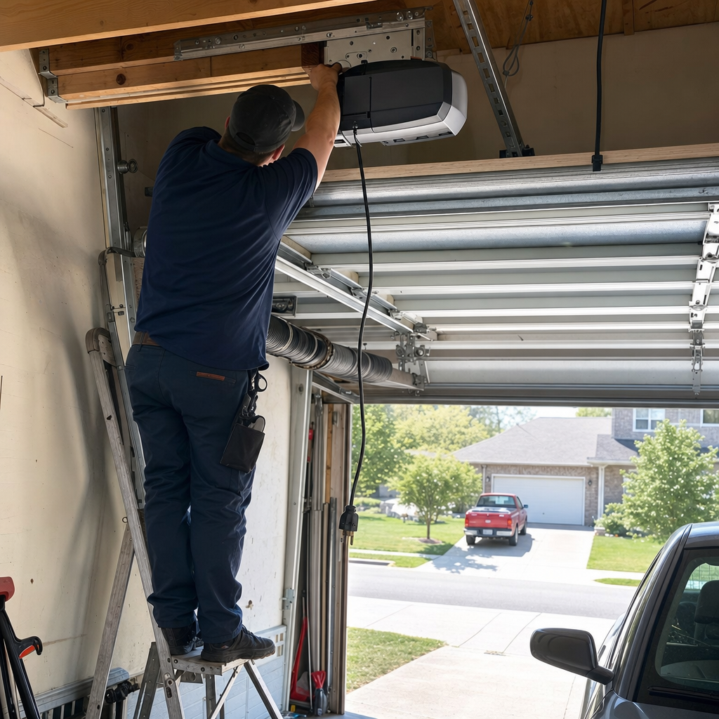 Technician installing a garage door opener on ceiling rails