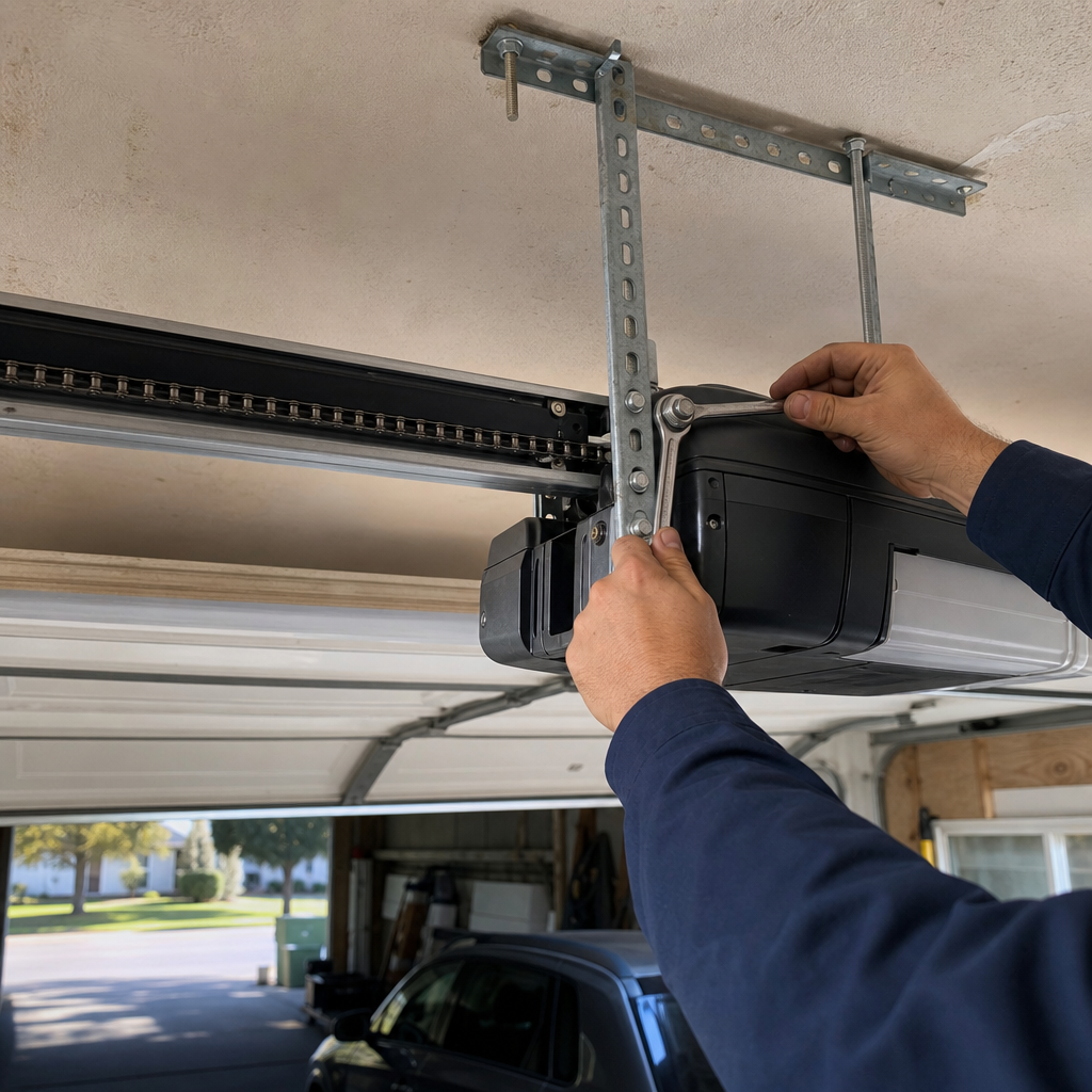 Technician using a wrench to repair a garage door opener unit