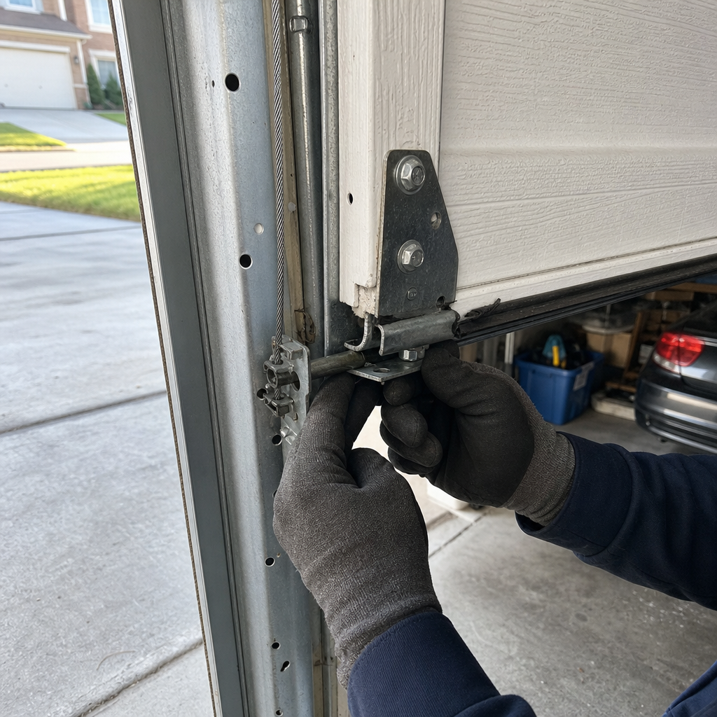 Technician repairing garage door bottom bracket and cable assembly in Centerville, OH