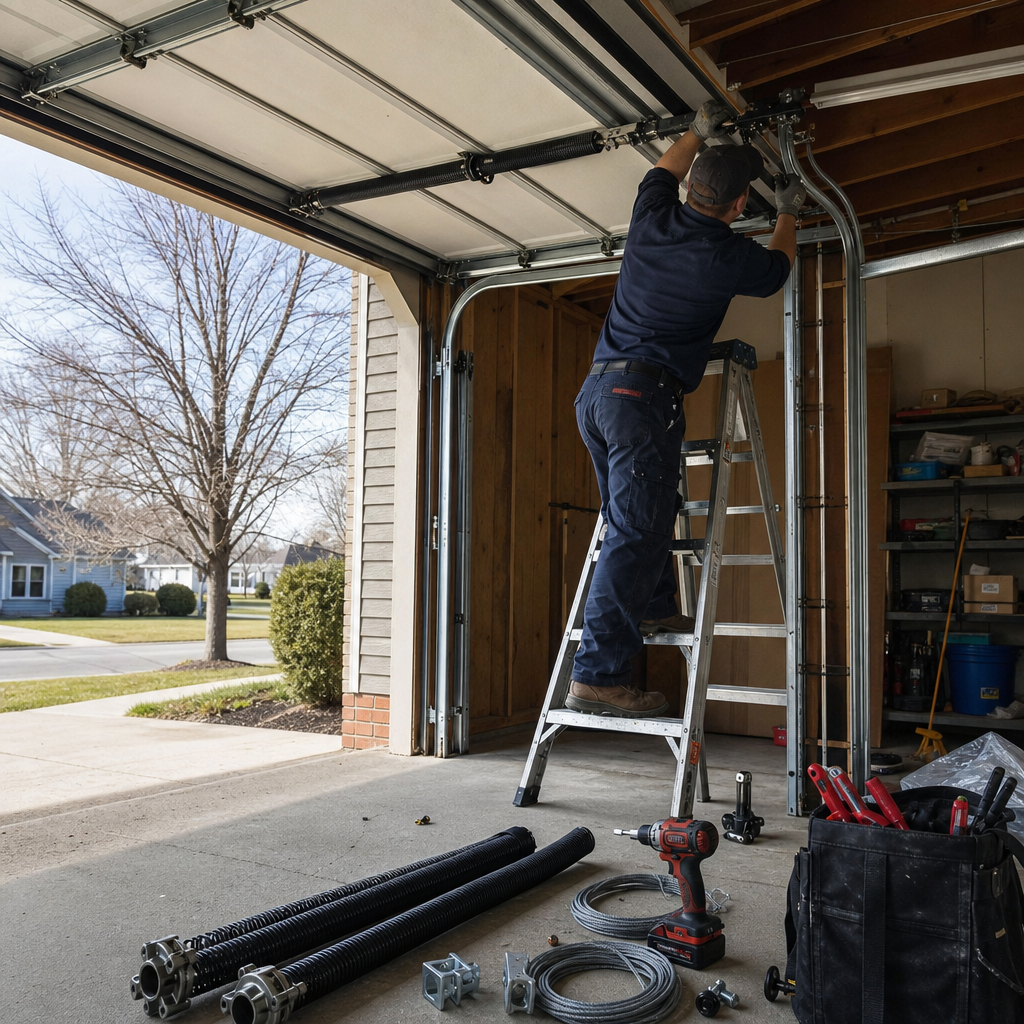 Technician performing garage door parts installation and spring repair in Centerville, OH