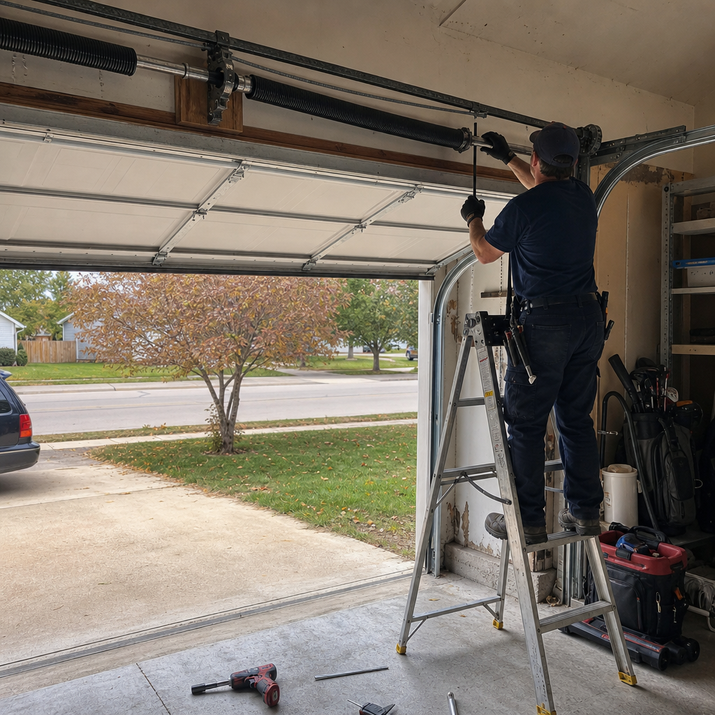 Technician performing professional garage door torsion spring repair on a ladder