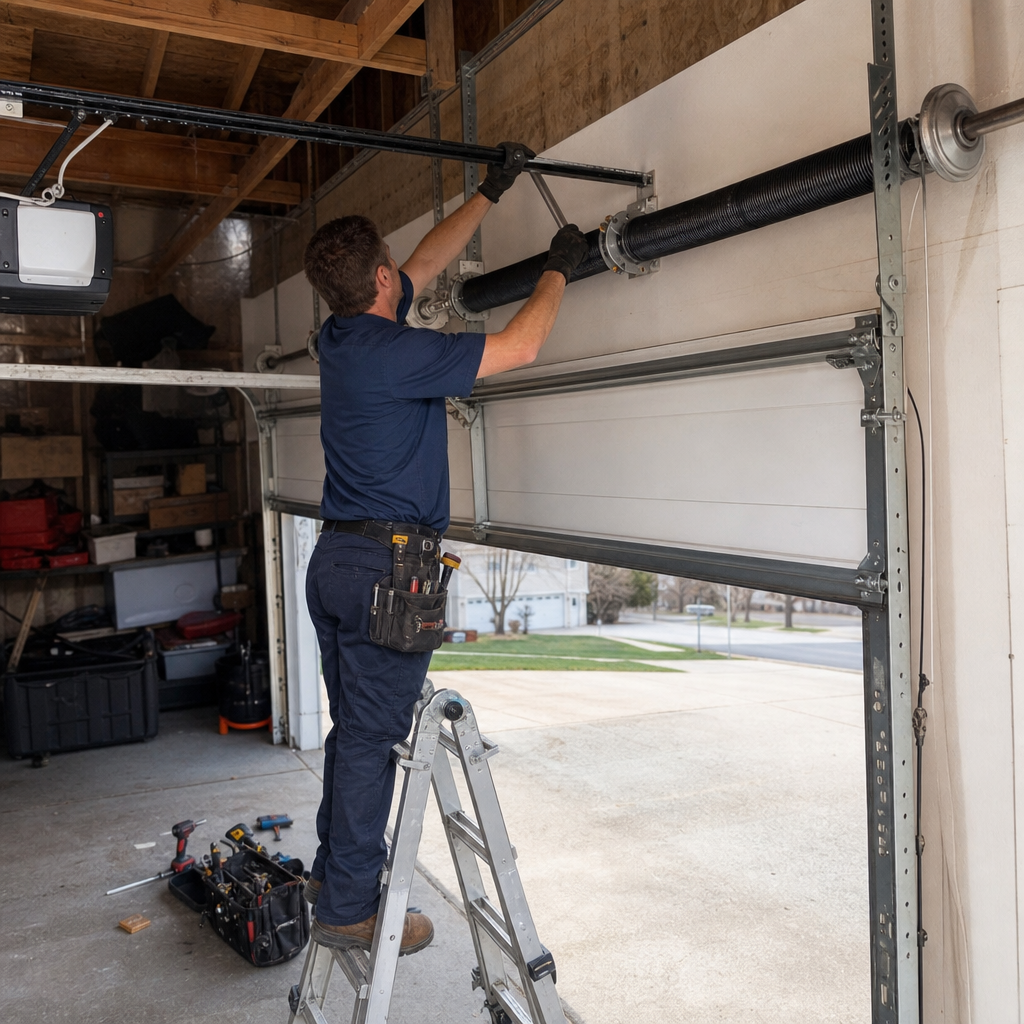 Technician performing professional garage door spring repair and maintenance
