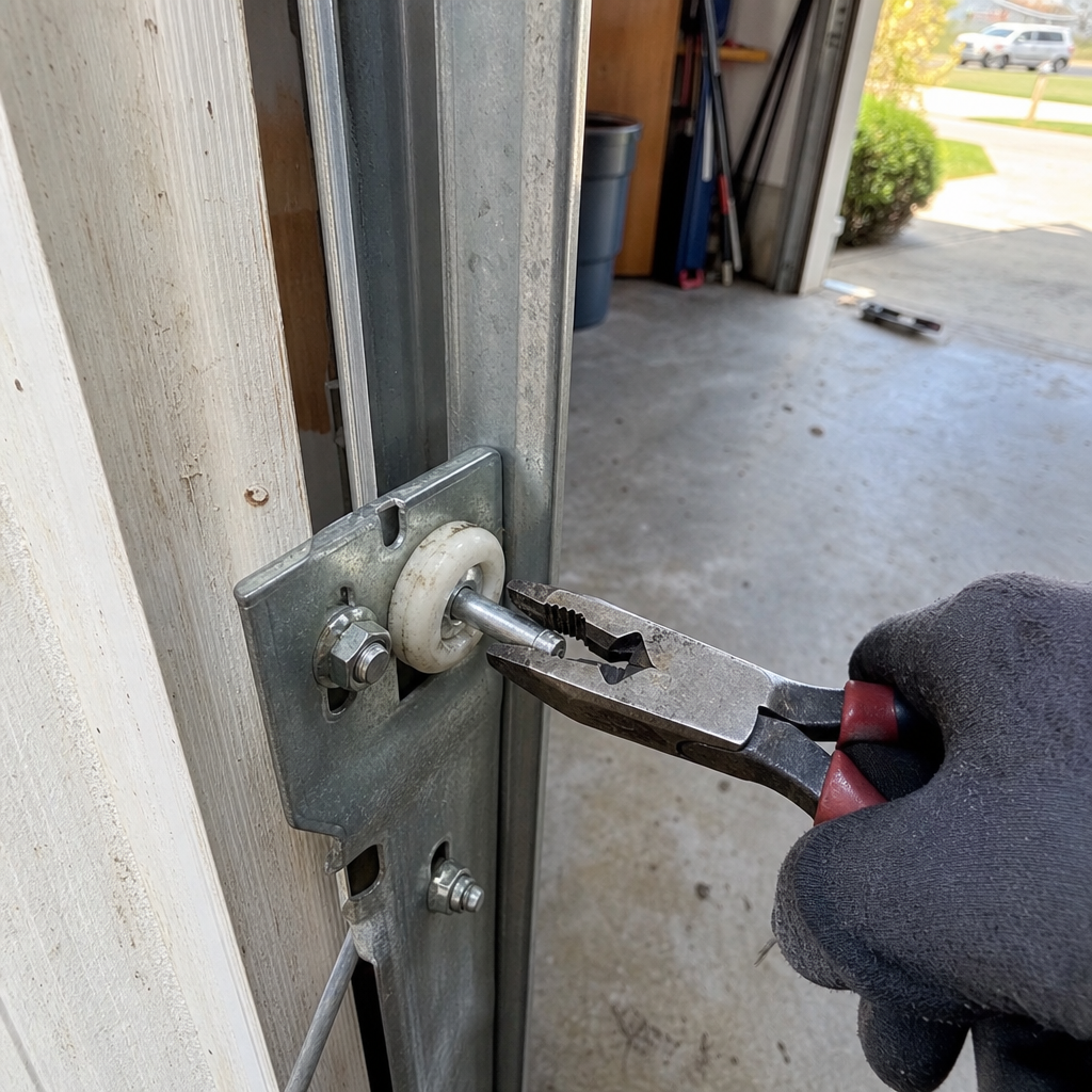 Technician using pliers to repair a garage door roller mechanism
